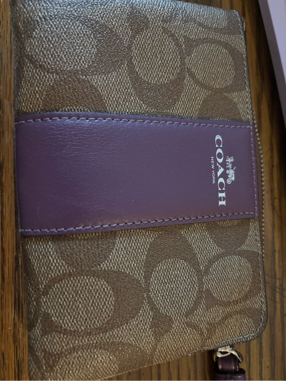 COACH Brown Signature Canvas Card Holder with Purple Leather Stripe